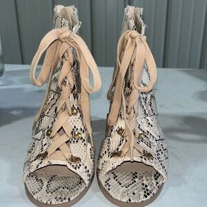 Just fab, size 7.5, snake skin and tan